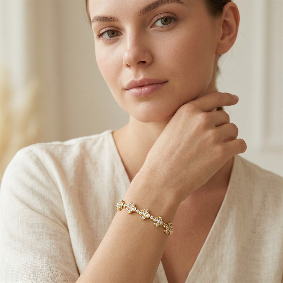 3ct Baroque Beaded Whisper Bangle Clover Bracelet VVS Synthetic Moissanite Bracelet Bangle Copper Chain