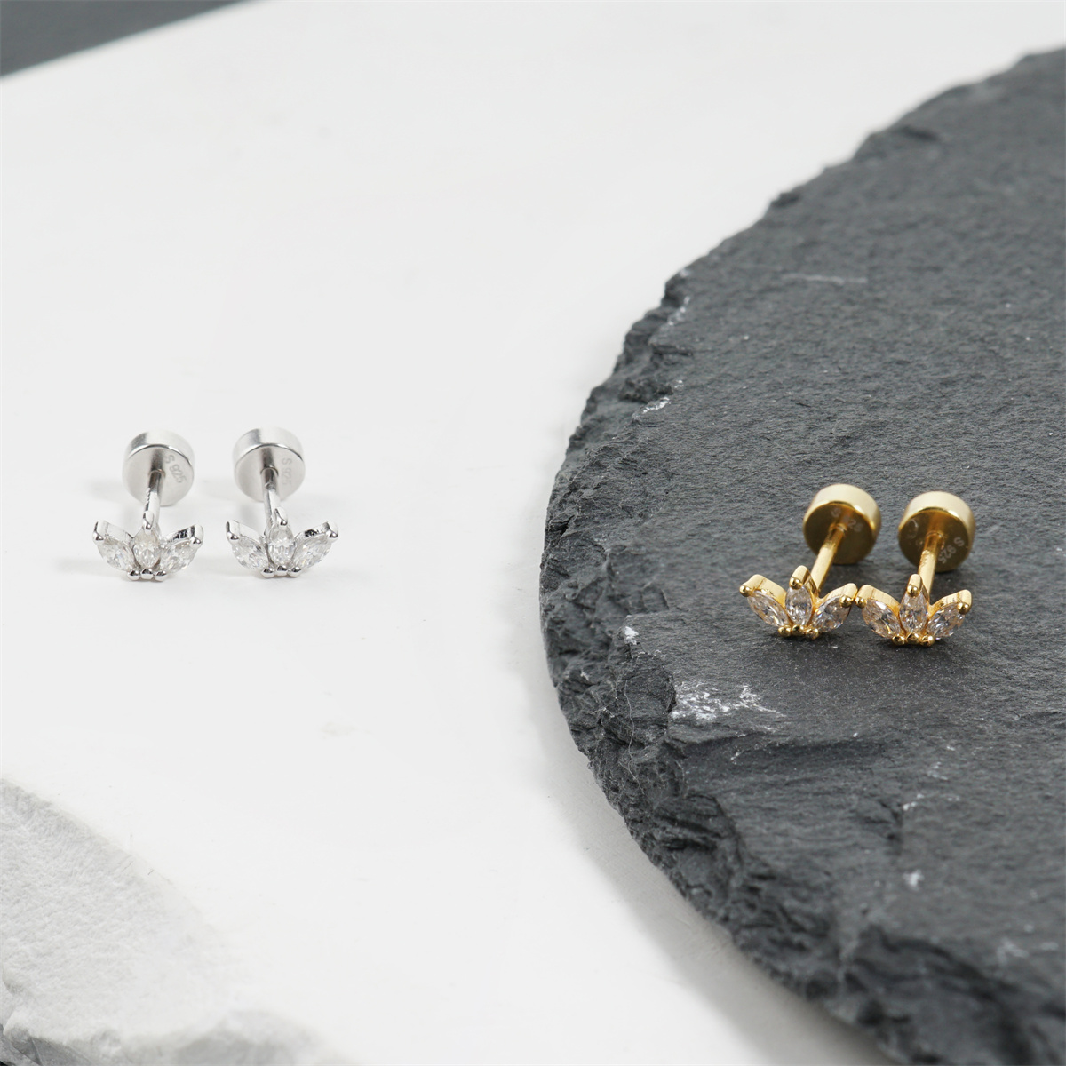 Delzzad Willow Dew Stud Earrings Marquise Crown Stud Earrings Flat Back Earrings Screw-on Synthetic Moissanite Earrings Jewelry S925 Studs