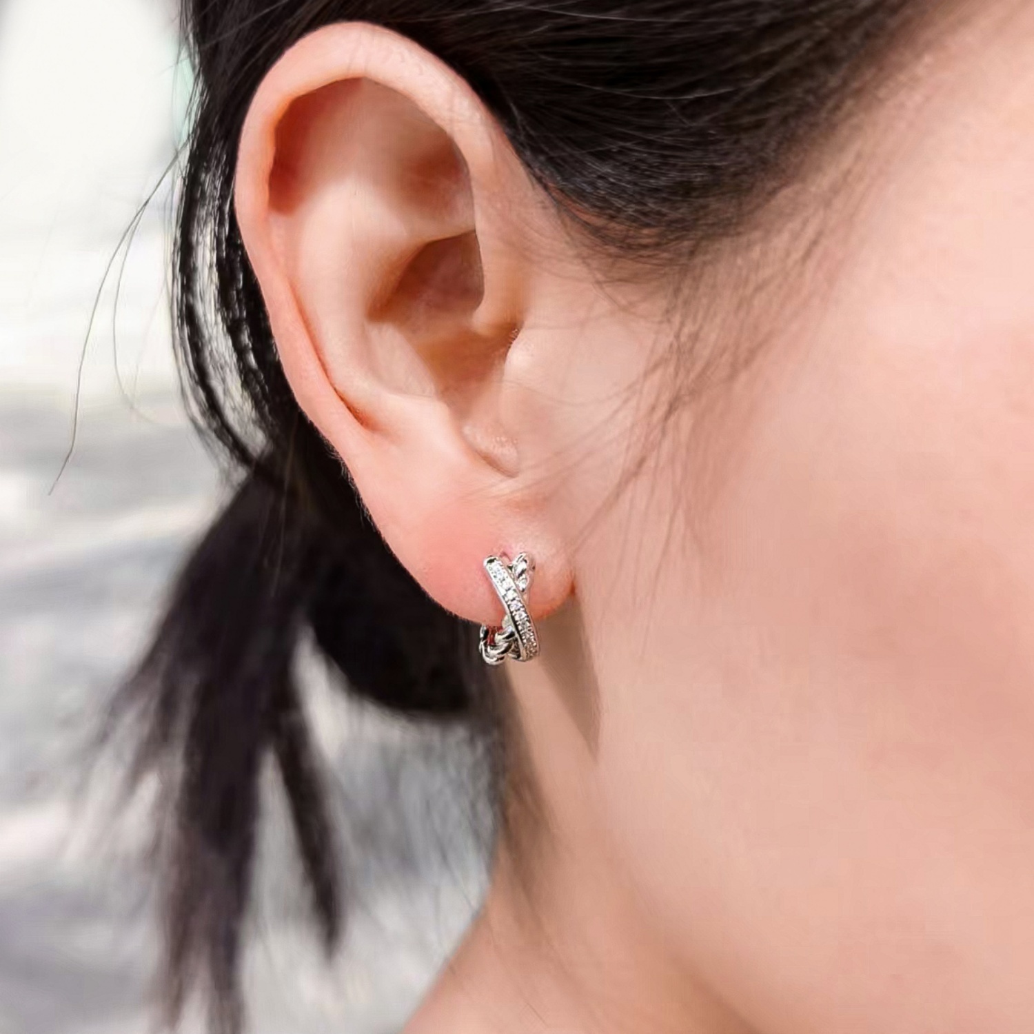 Delzzad Twist Hoop Earrings Crossover Huggies Earrings D Color VVS Synthetic Moissanite Earrings Jewelry S925 Perfect Birthday Engagement Wedding Anniversary Christmas Gift