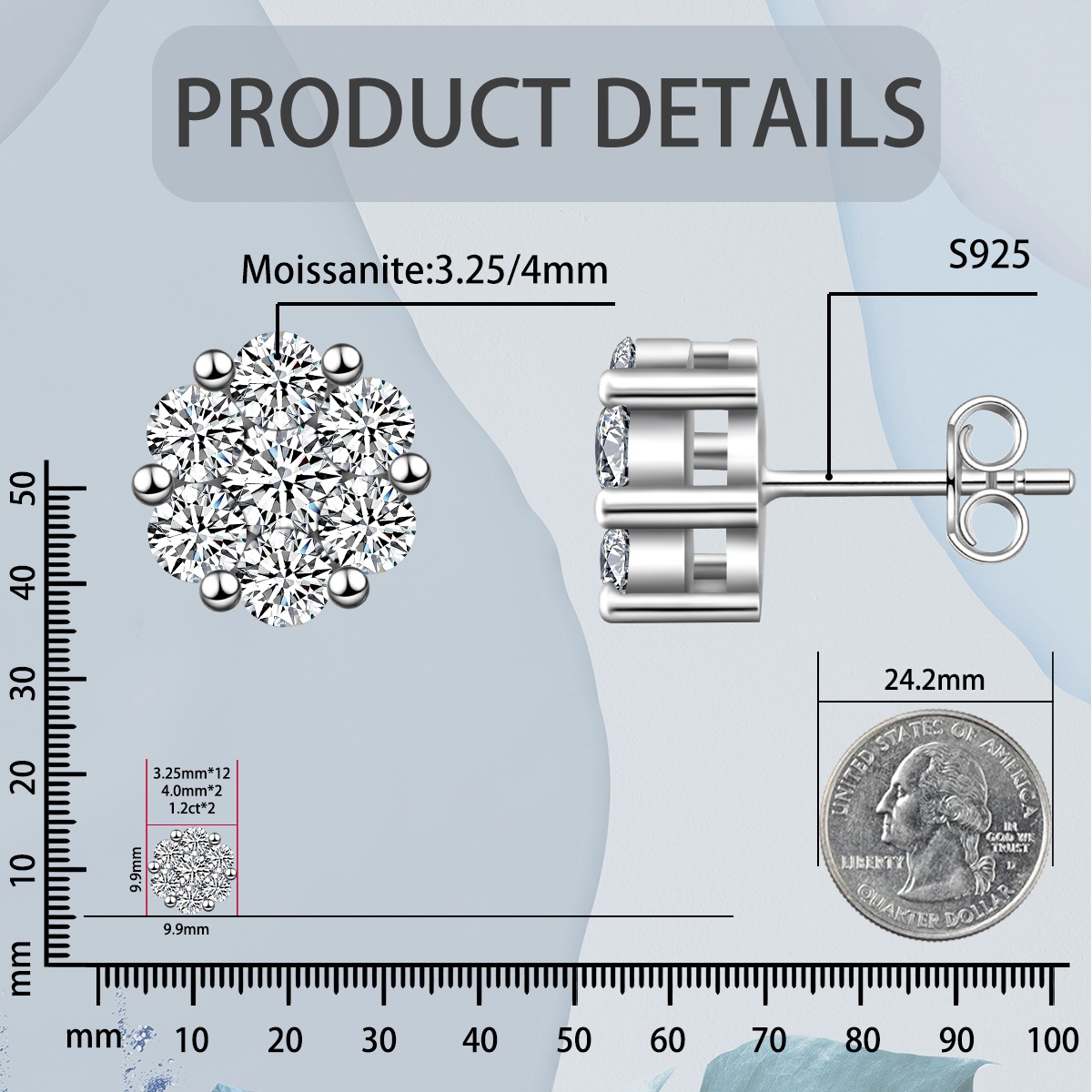 S925 Round Bling Cluster Earrings D Color Synthetic Moissanite UnisexStud Earrings