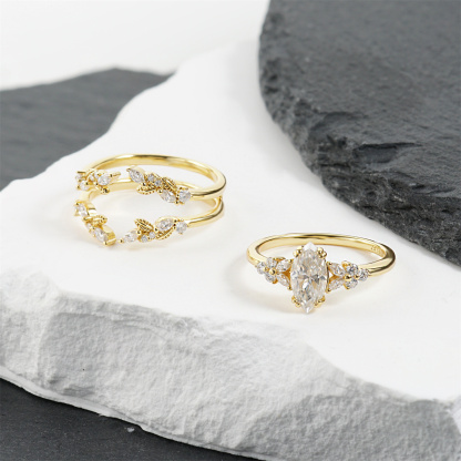 1.6ct Forest Hymn Ring Vintage Moss Agate Band Stackable Ring Cluster Bridal Ring Set VVS Synthetic Moissanite Ring S925 Band