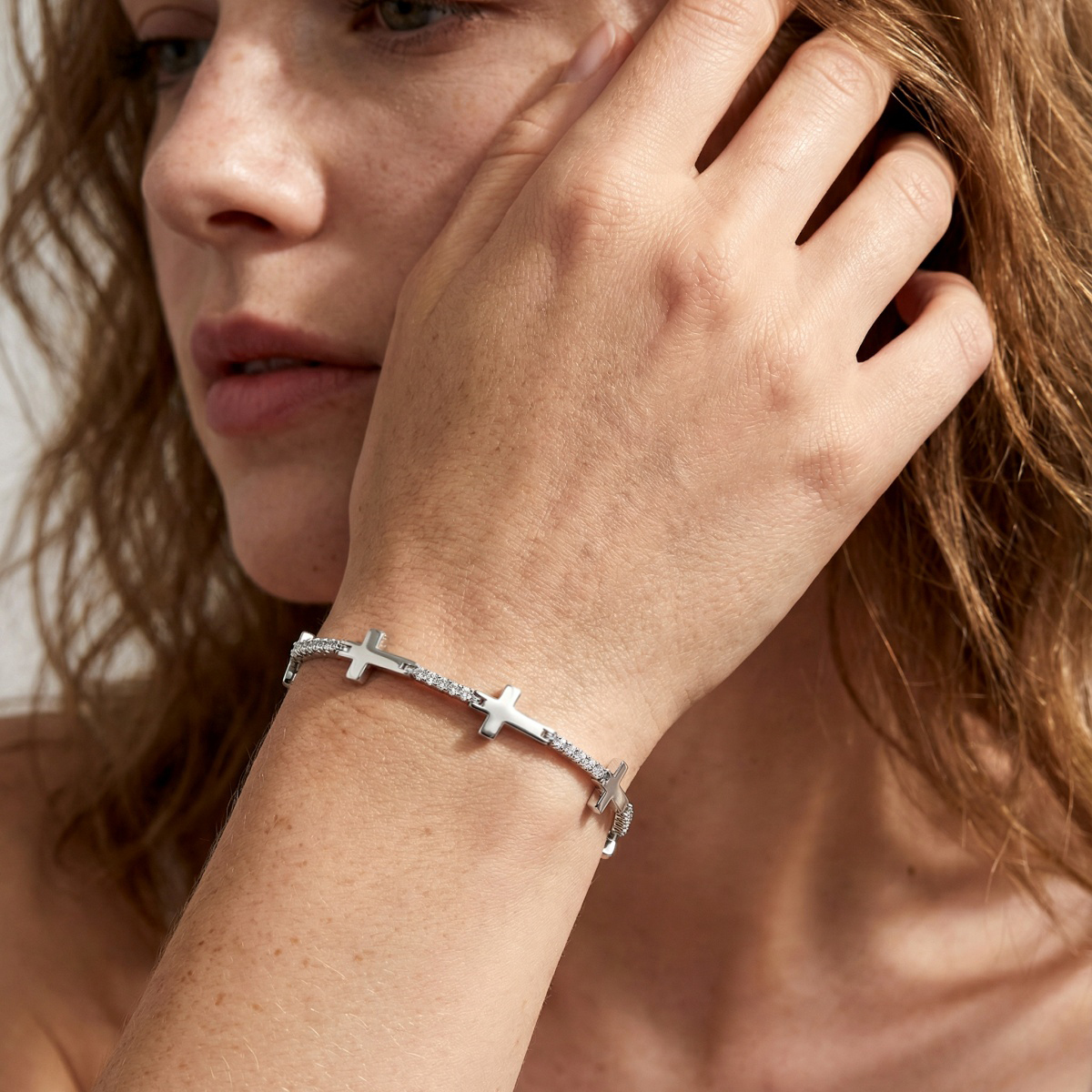 Eternal Devotion Sideways Cross Bracelet Copper Chain Synthetic Moissanite Bracelet