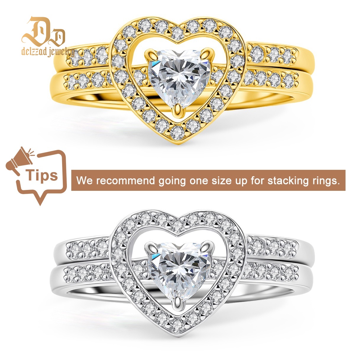 Halo Heart Cut Ring Set Heart Pair Stacking Ring Band D Color VVS Synthetic Moissanite Ring Jewelry Copper Band Wedding Band Engagement Ring Set Promise Ring