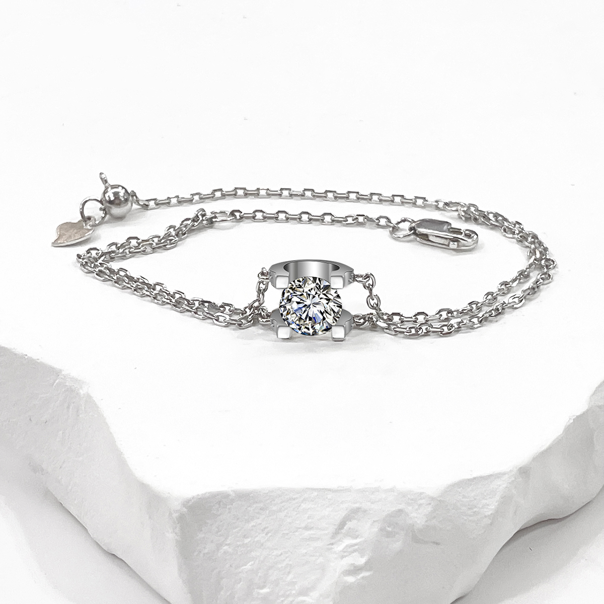 1ct Solitaire Prong Bracelet Double Chain Bracelet Synthetic Moissanite S925 Sterling Silver Bracelet Chain Jewelry Birthday Engagement Wedding Anniversary Perfect Gifts