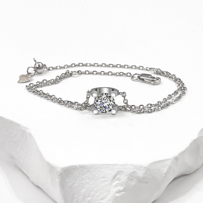 1ct Solitaire Prong Bracelet Double Chain Bracelet Synthetic Moissanite S925 Sterling Silver Bracelet Chain Jewelry Birthday Engagement Wedding Anniversary Perfect Gifts