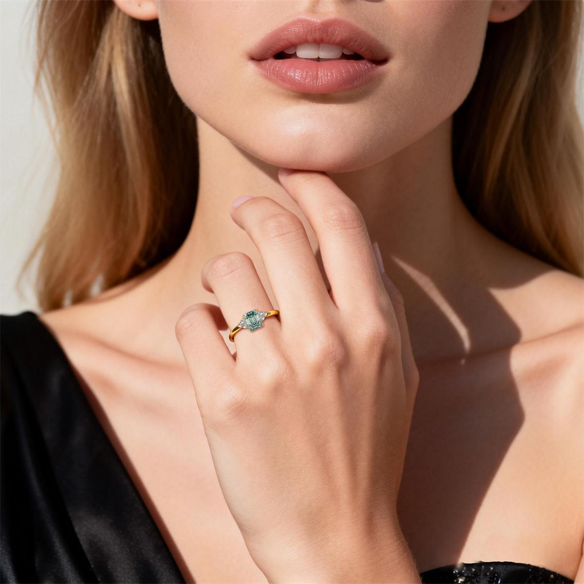 2.2ct Aurora Green Dream Ring Engagement Ring Band Step Cut Synthetic Moissanite Ring S925 Band