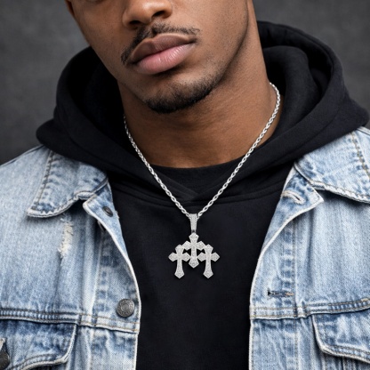 Iced Out Triple Cross Pendant Shining Grace Pendant D Color VVS Synthetic Moissanite Copper Chain