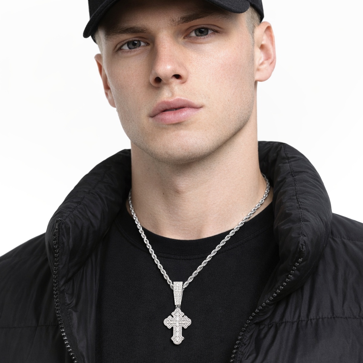 Iced Out Calvary Pendant Baguette Cross Pendant Necklace Chain D Color VVS Synthetic Moissanite Necklace Copper Chain