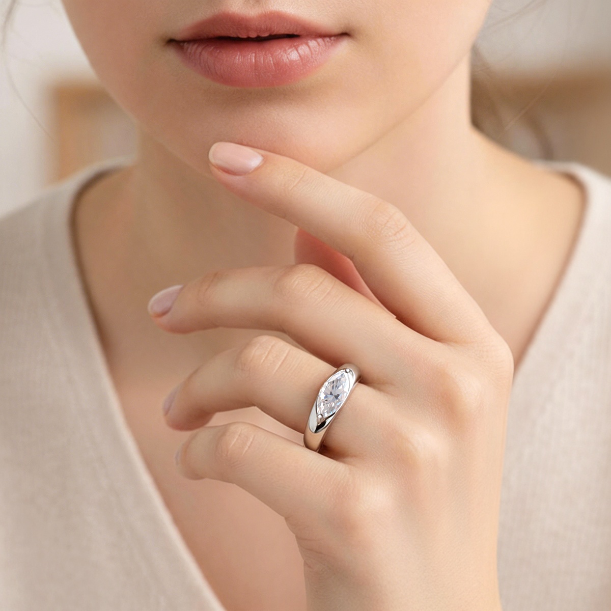1ct Vintage Bezel Solitaire Marquise Ring Band Engagement Wedding Band Ring D Color VVS Synthetic Moissanite Ring