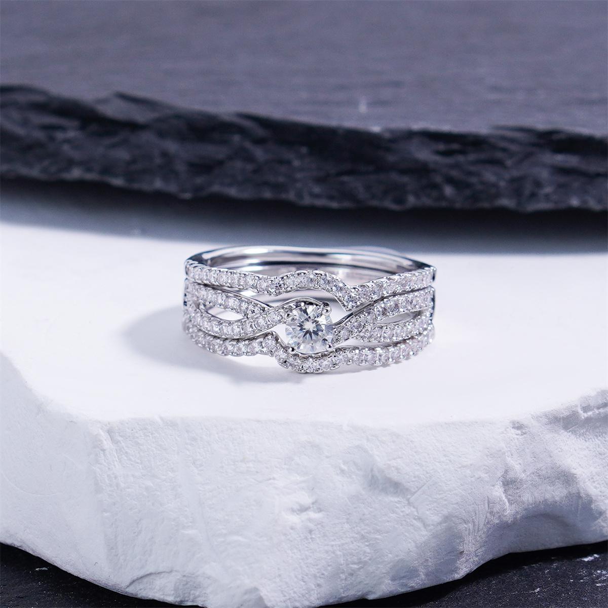 Delzzad 0.9ct The River of Destiny Ring Bridal Wedding Engagement Ring Band VVS Synthetic Moissanite Ring Jewelry Copper Band