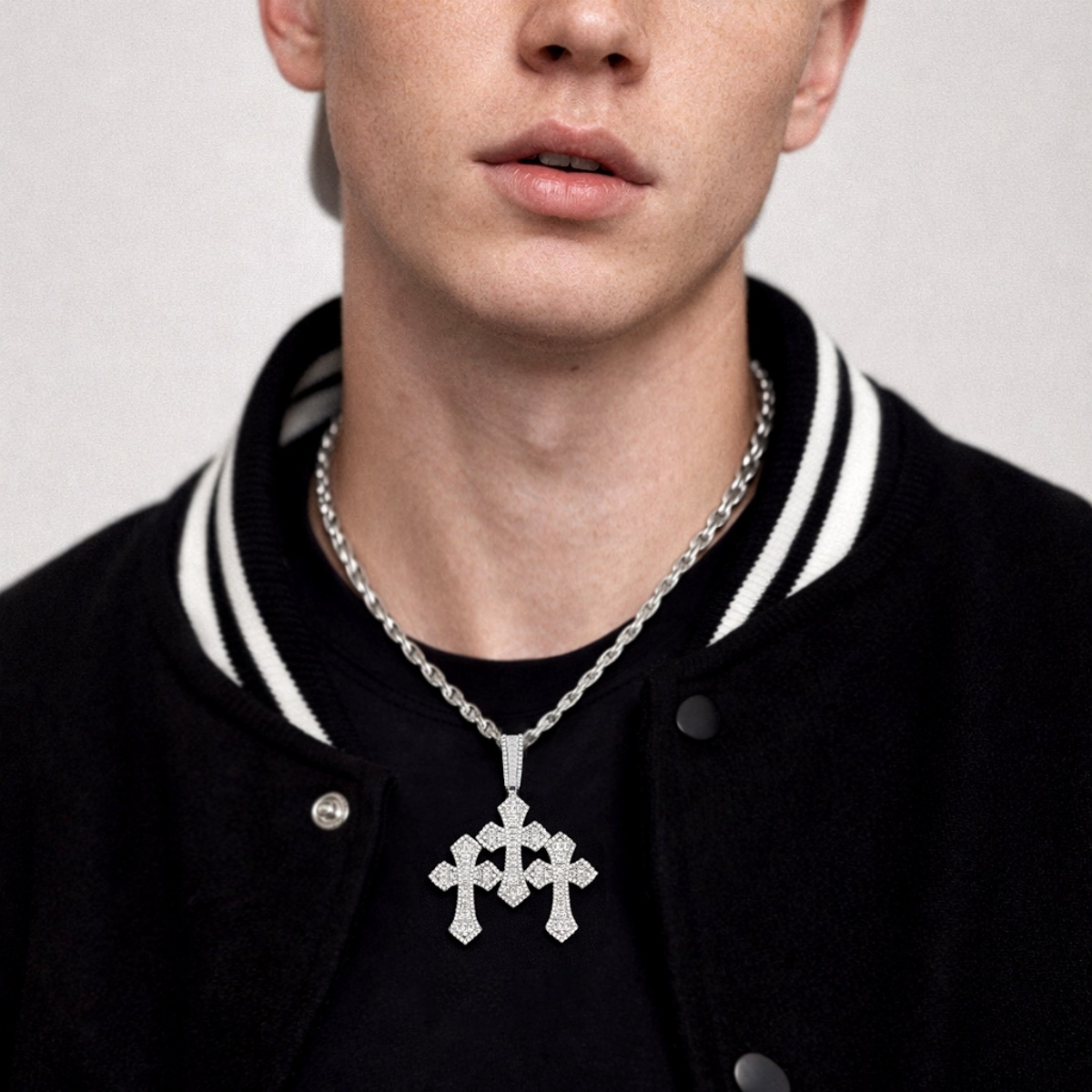 Iced Out Triple Cross Pendant Shining Grace Pendant D Color VVS Synthetic Moissanite Copper Chain