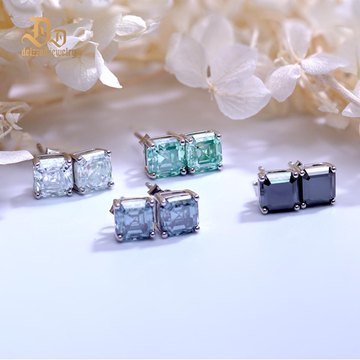 Delzzad S925 Asscher Cut Synthetic Moissanite Prong Stud Earrings For Men Women