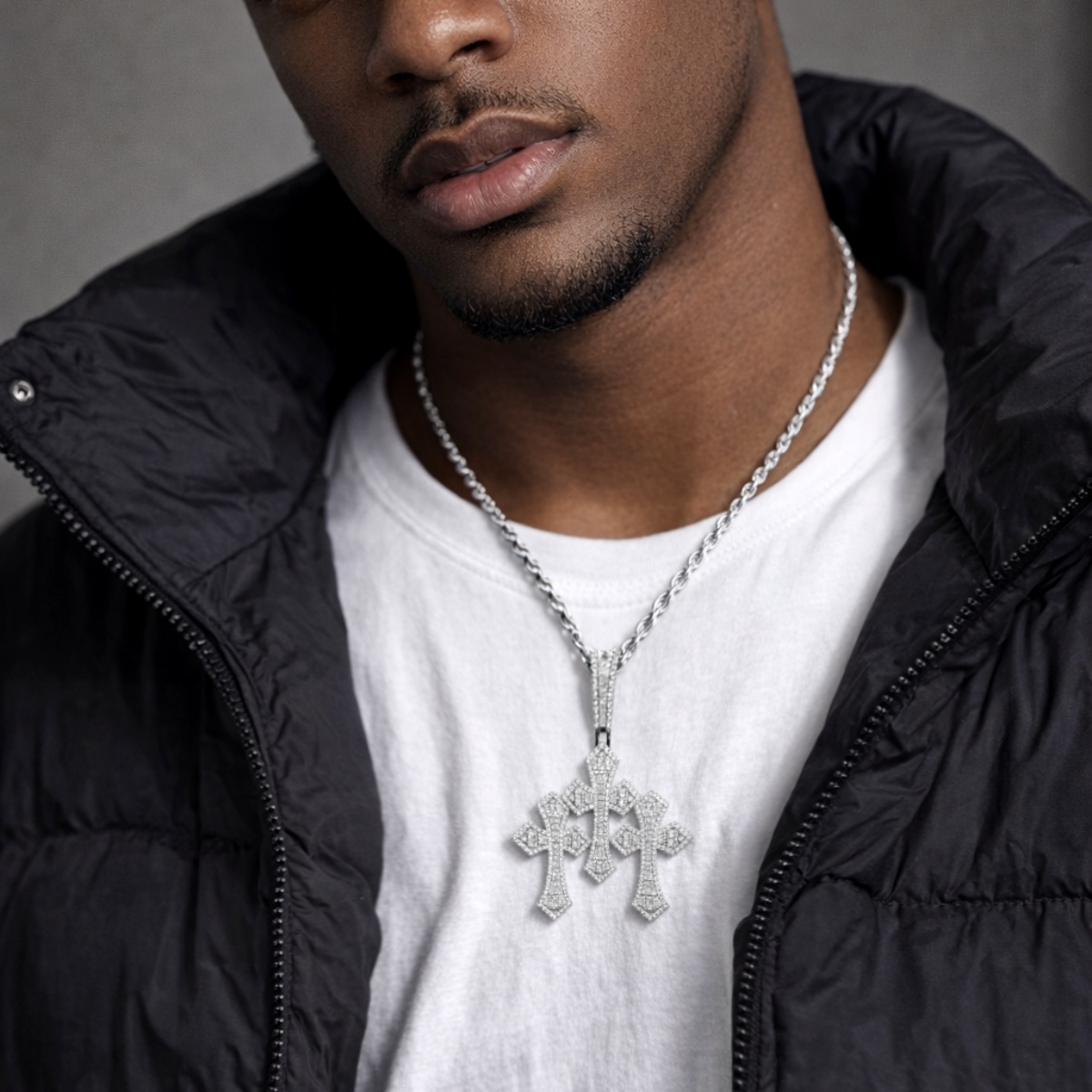 Iced Out Triple Cross Pendant Shining Grace Pendant D Color VVS Synthetic Moissanite Copper Chain