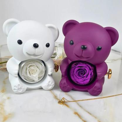 Delzzad Romantic Eternal Rose Cute Hug Bear Jewelry Box - Perfect Valentine's Day Christmas Gift for Her