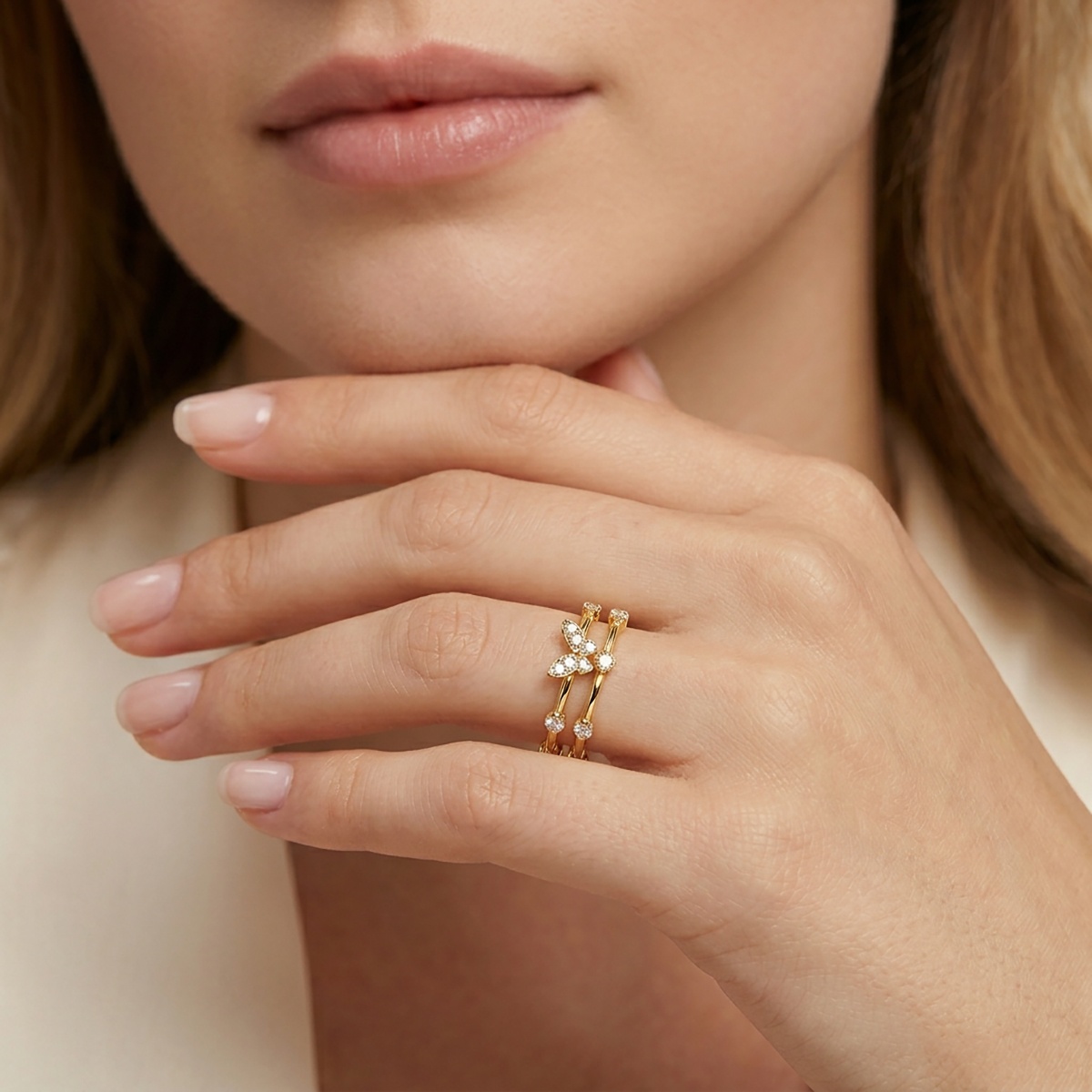 Delzzad 0.1ct Tiny Dainty Butterfly Garden Flutter Ring VVS Synthetic Moissanite Ring