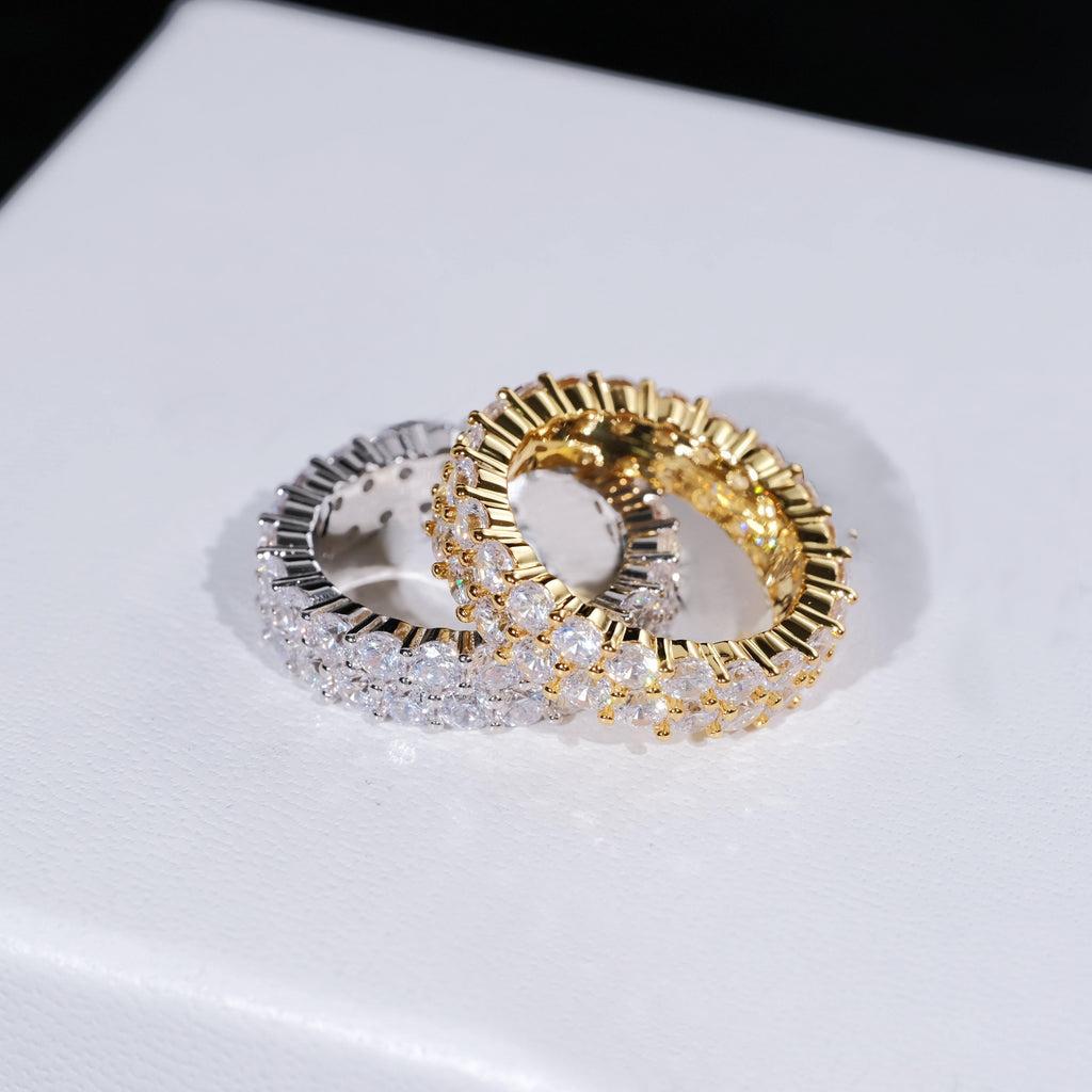 Delzzad S925 Round VVS Synthetic Moissanite Double Row Eternity Hip Hop Ring Sweetie St Valentine's Day Gifts for Men Women