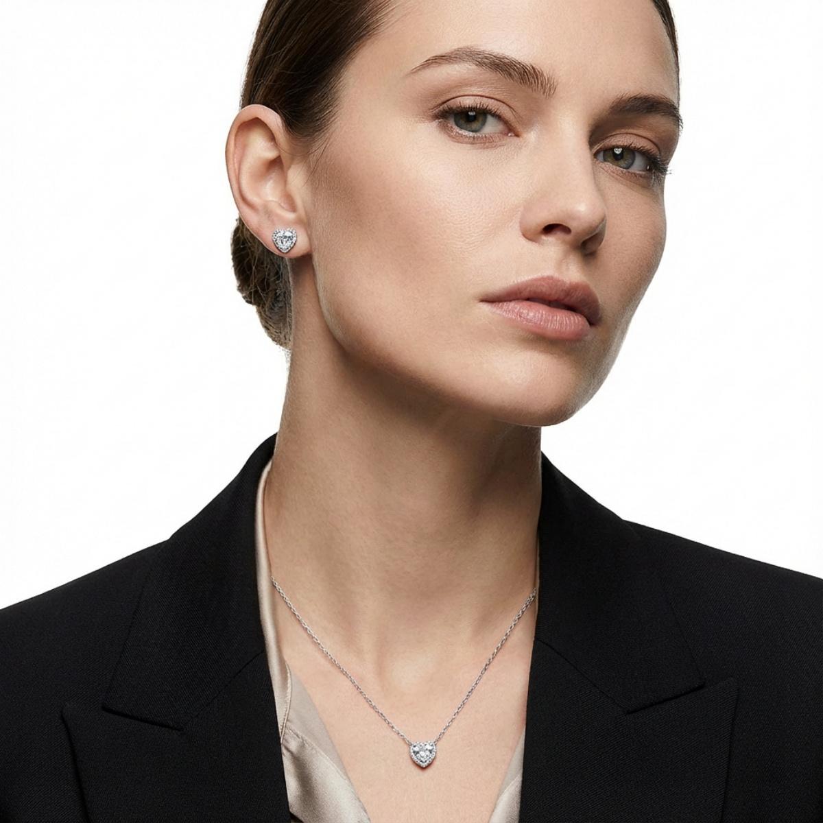 ??Stellar Heart? Set??Delzzad Halo Heart Stud Earrings Endless Love Pendant Necklace Jewelry Set Synthetic Moissanite S925 Necklace Earrings Jewelry Set