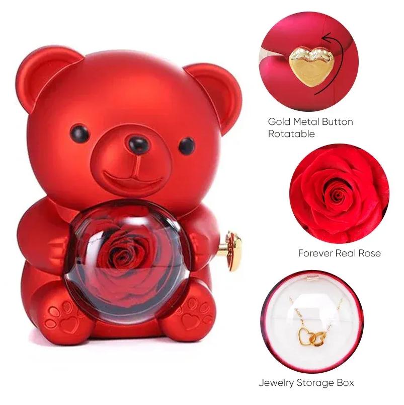 Delzzad Romantic Eternal Rose Cute Hug Bear Jewelry Box - Perfect Valentine's Day Christmas Gift for Her