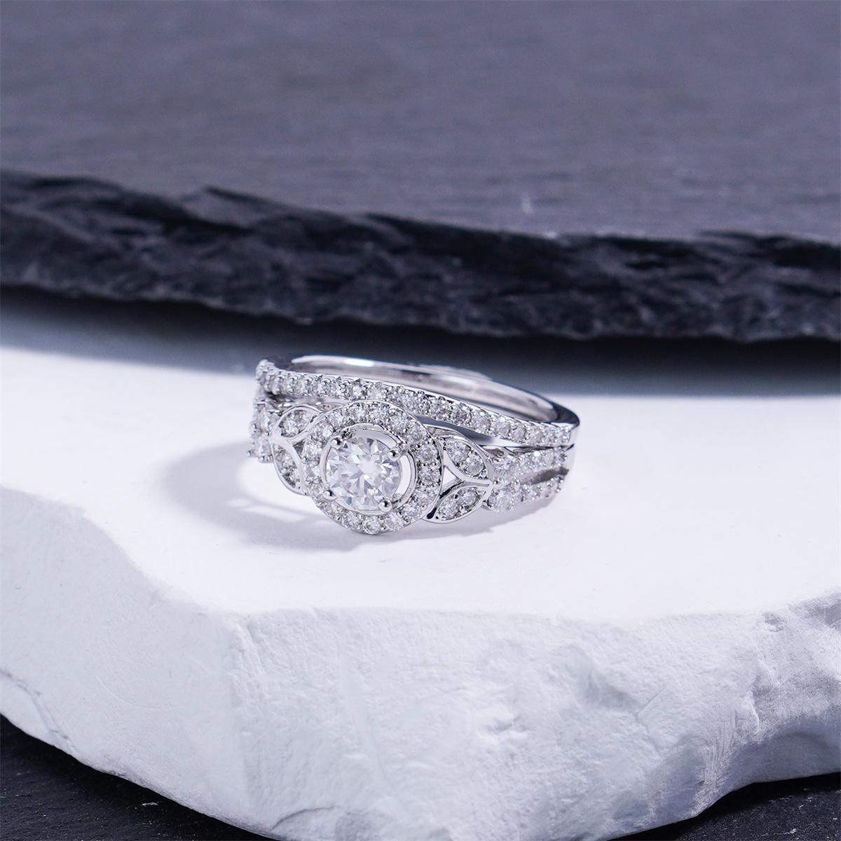 Delzzad 1.1ct A Galaxy for My Star Ring Vintage Bridal Set Halo Wedding Band Ring VVS Synthetic Moissanite Ring Jewelry Copper Band