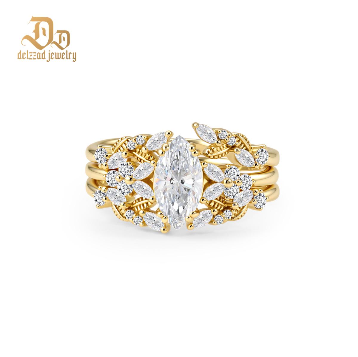 1.6ct Forest Hymn Ring Vintage Moss Agate Band Stackable Ring Cluster Bridal Ring Set VVS Synthetic Moissanite Ring S925 Band