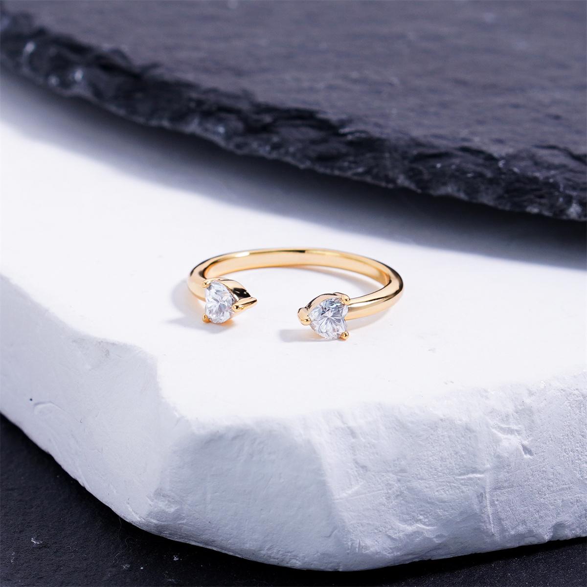 Delzzad 0.6ct Double Heart Drift Ring Open Nesting Ring with Two Hearts Synthetic Moissanite Ring Copper Band