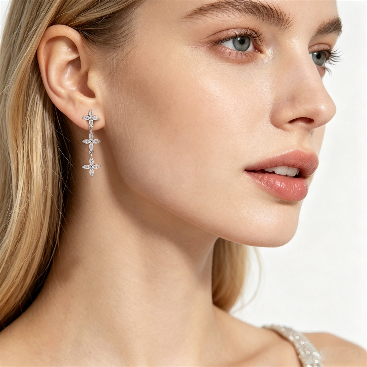 Delzzad Floral Cascade Drop Dangle Earrings Floating Poem Drop Earrings Marquise Cut Flower Earrings VVS Synthetic Moissanite Earrings Jewelry Copper Studs