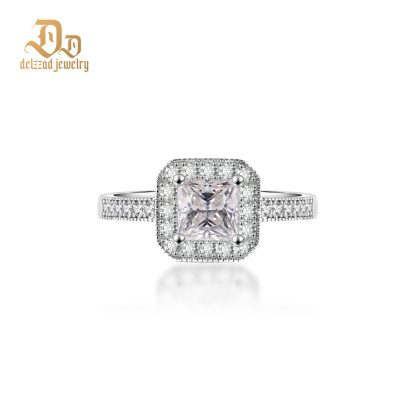 Delzzad 1ct Princess Synthetic Moissanite Halo Ring S925 Ring Band Jewelry Gift