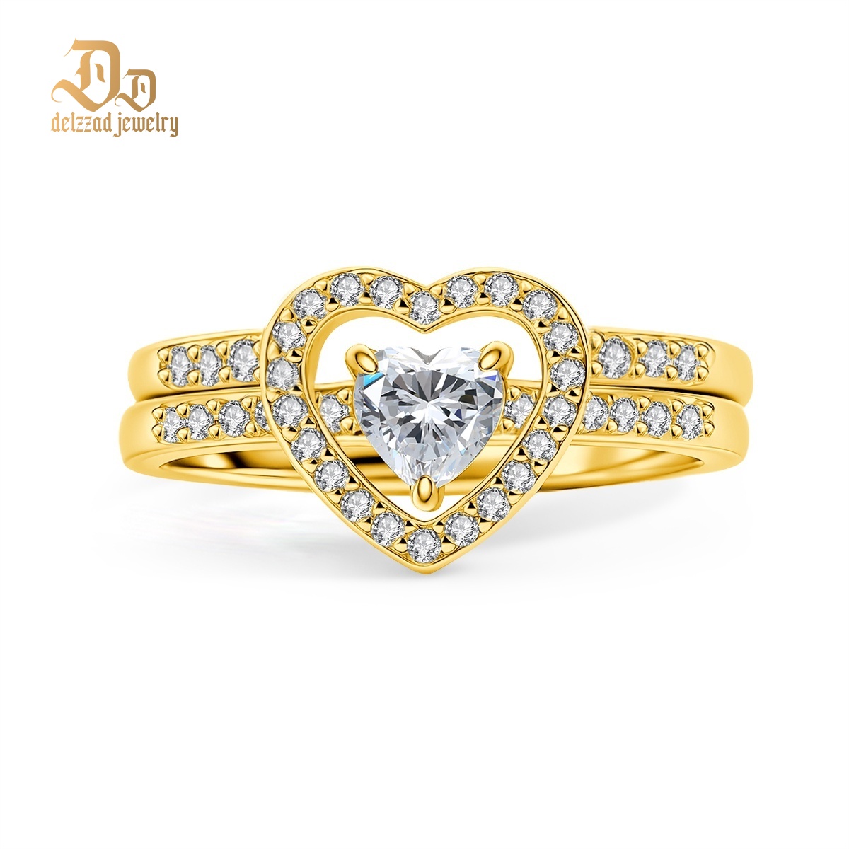 Halo Heart Cut Ring Set Heart Pair Stacking Ring Band D Color VVS Synthetic Moissanite Ring Jewelry Copper Band Wedding Band Engagement Ring Set Promise Ring