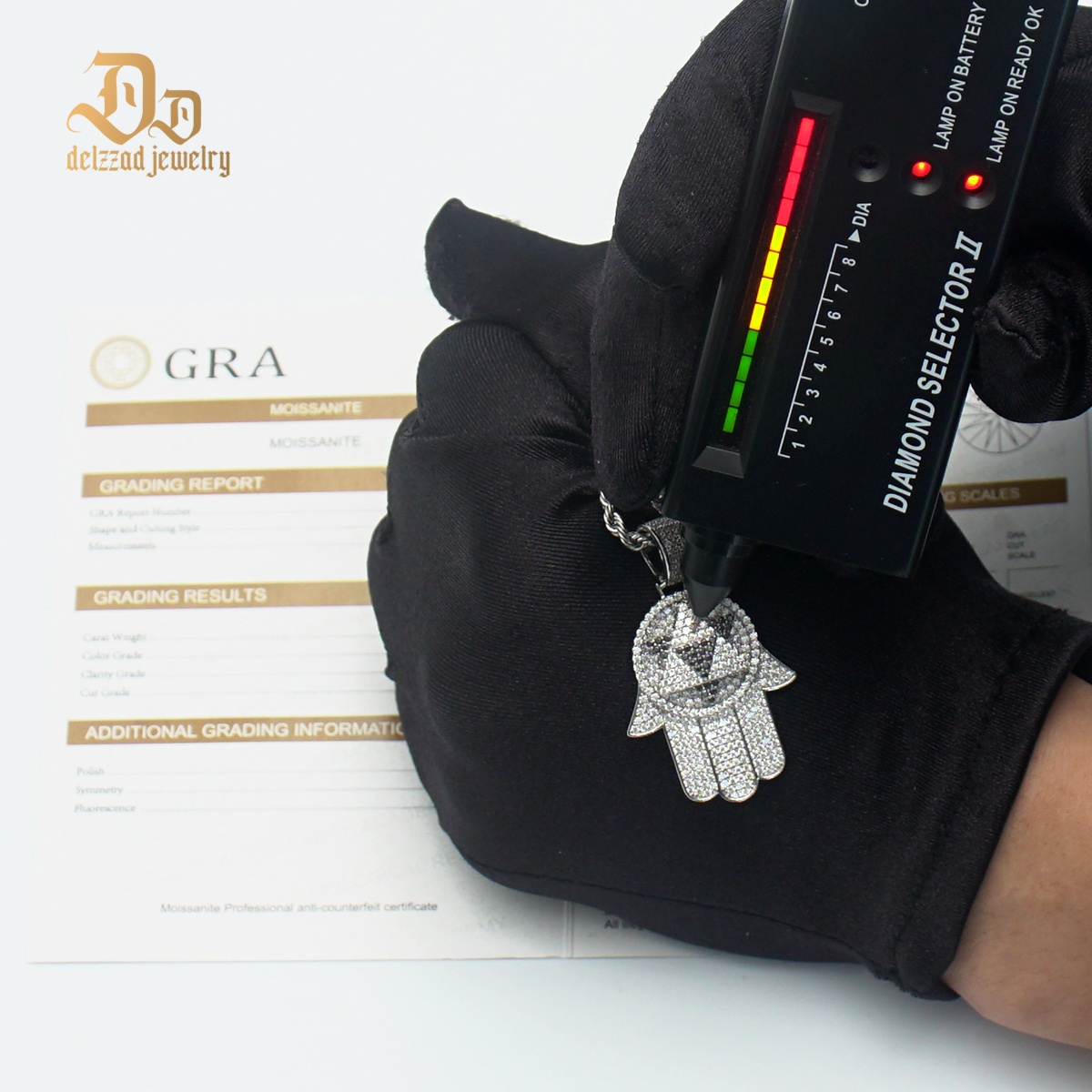 Delzzad S925 2ct VVS Synthetic Moissanite Rotatable Bling Hand Charm Palm Pendant Necklace Anniversary Gift