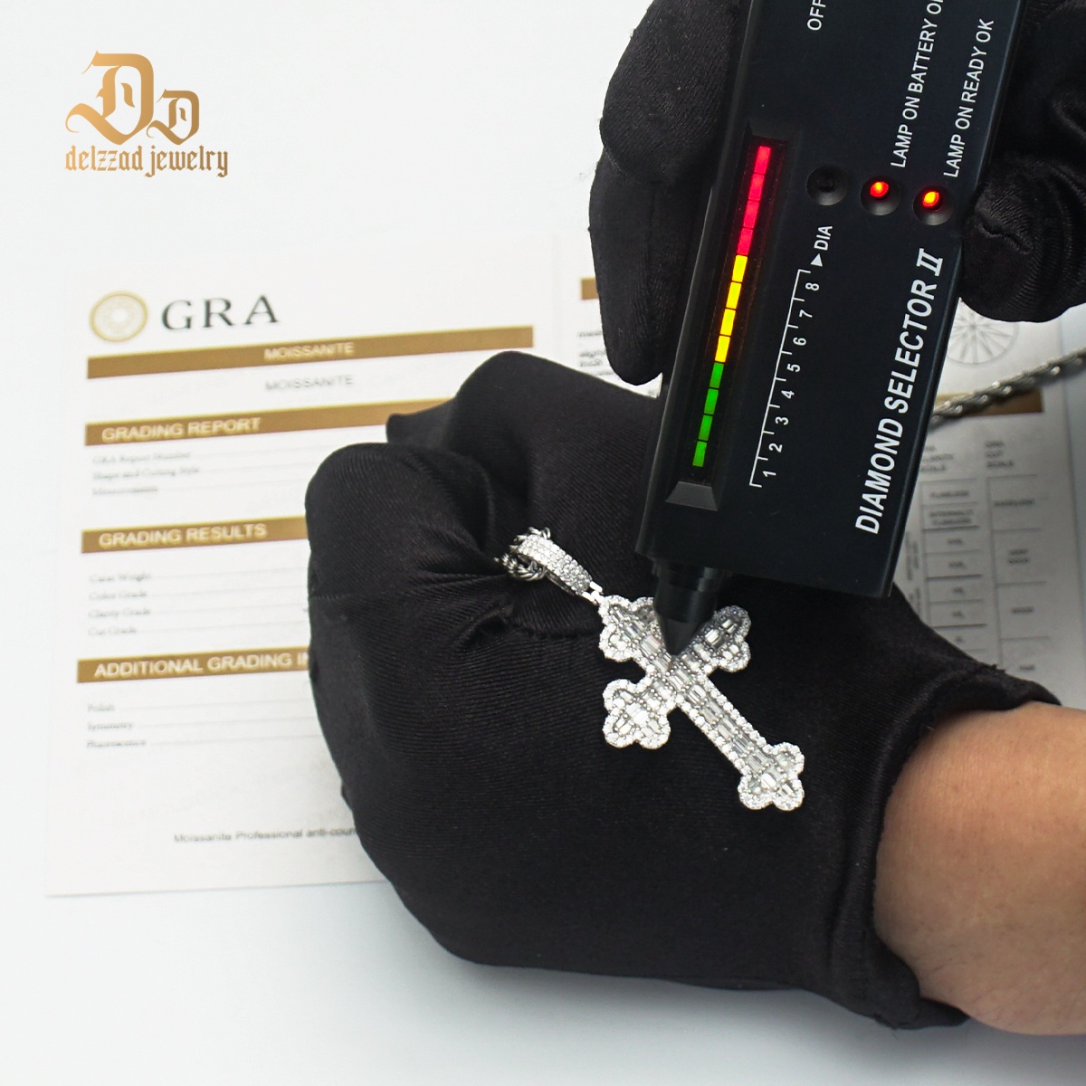 Delzzad S925 VVS Synthetic Moissanite Exquisite Hip Hop Punk Bling Cross Pendant Necklace Valentine's Day Anniversary Gift