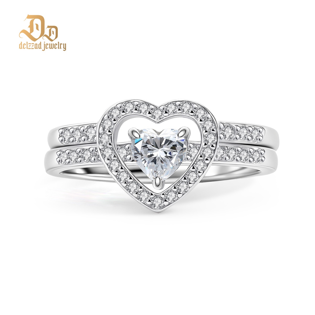 Halo Heart Cut Ring Set Heart Pair Stacking Ring Band D Color VVS Synthetic Moissanite Ring Jewelry Copper Band Wedding Band Engagement Ring Set Promise Ring