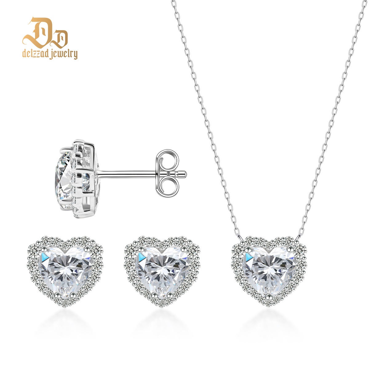 ??Stellar Heart? Set??Delzzad Halo Heart Stud Earrings Endless Love Pendant Necklace Jewelry Set Synthetic Moissanite S925 Necklace Earrings Jewelry Set