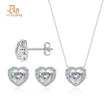 ??Stellar Heart? Set??Delzzad Halo Heart Stud Earrings Endless Love Pendant Necklace Jewelry Set Synthetic Moissanite S925 Necklace Earrings Jewelry Set