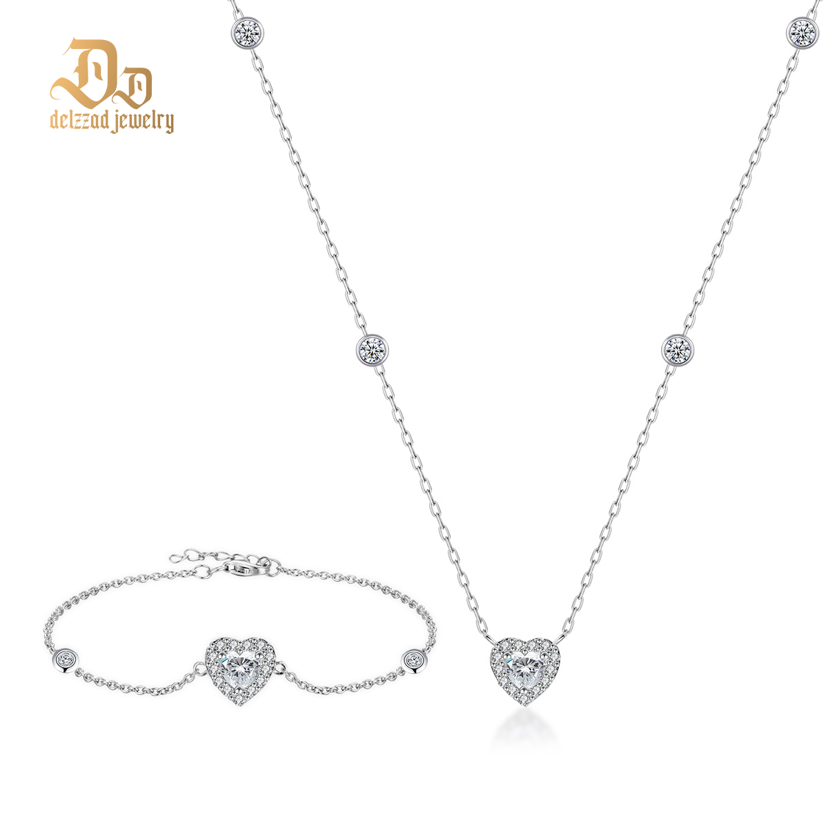 Delzzad Eternal Heart Set Bling Love Heart Bracelet Heart Pendant Necklace Jewelry Set Synthetic Moissanite Necklace Bracelet Jewelry Copper Chain