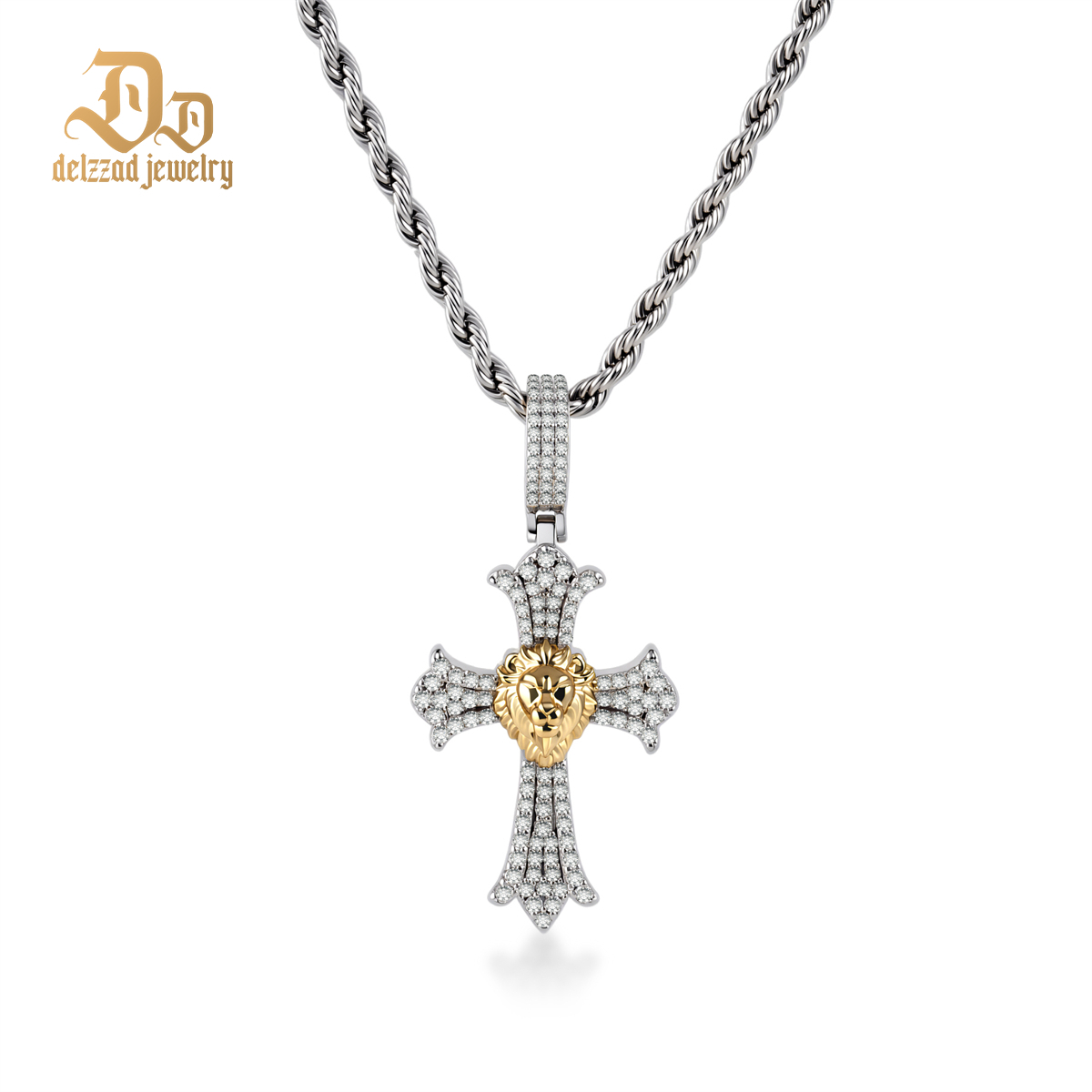 Delzzad 1ct Heart of Valor Pendant Lion Cross Charm Pendant Necklace Chain VVS Synthetic Moissanite Pendant Jewelry Copper Unisex Hip Hop Pendant