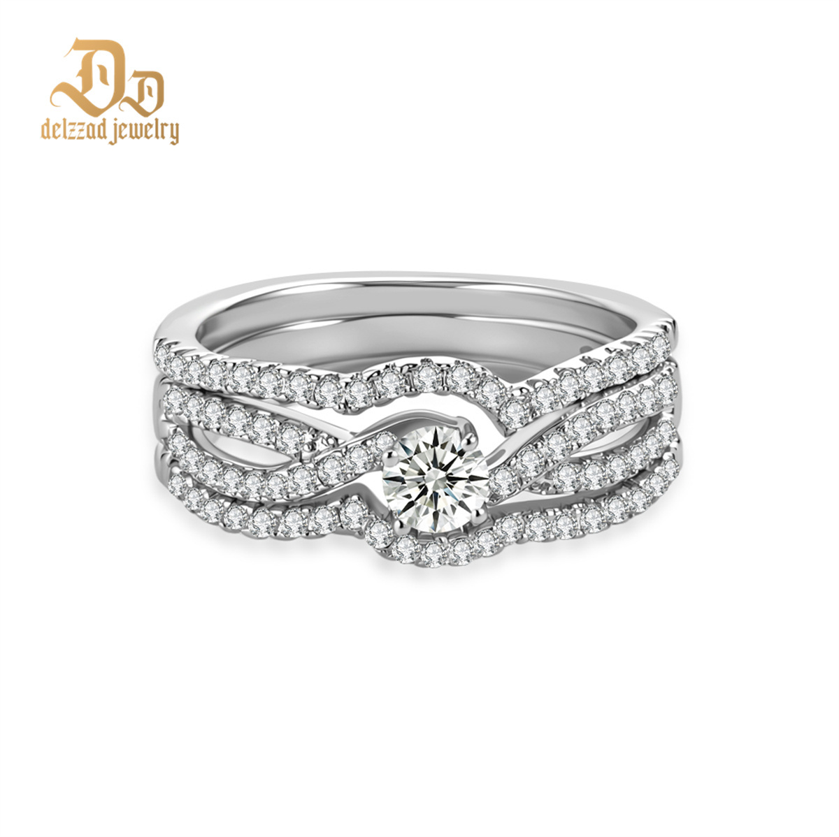 Delzzad 0.9ct The River of Destiny Ring Bridal Wedding Engagement Ring Band VVS Synthetic Moissanite Ring Jewelry Copper Band