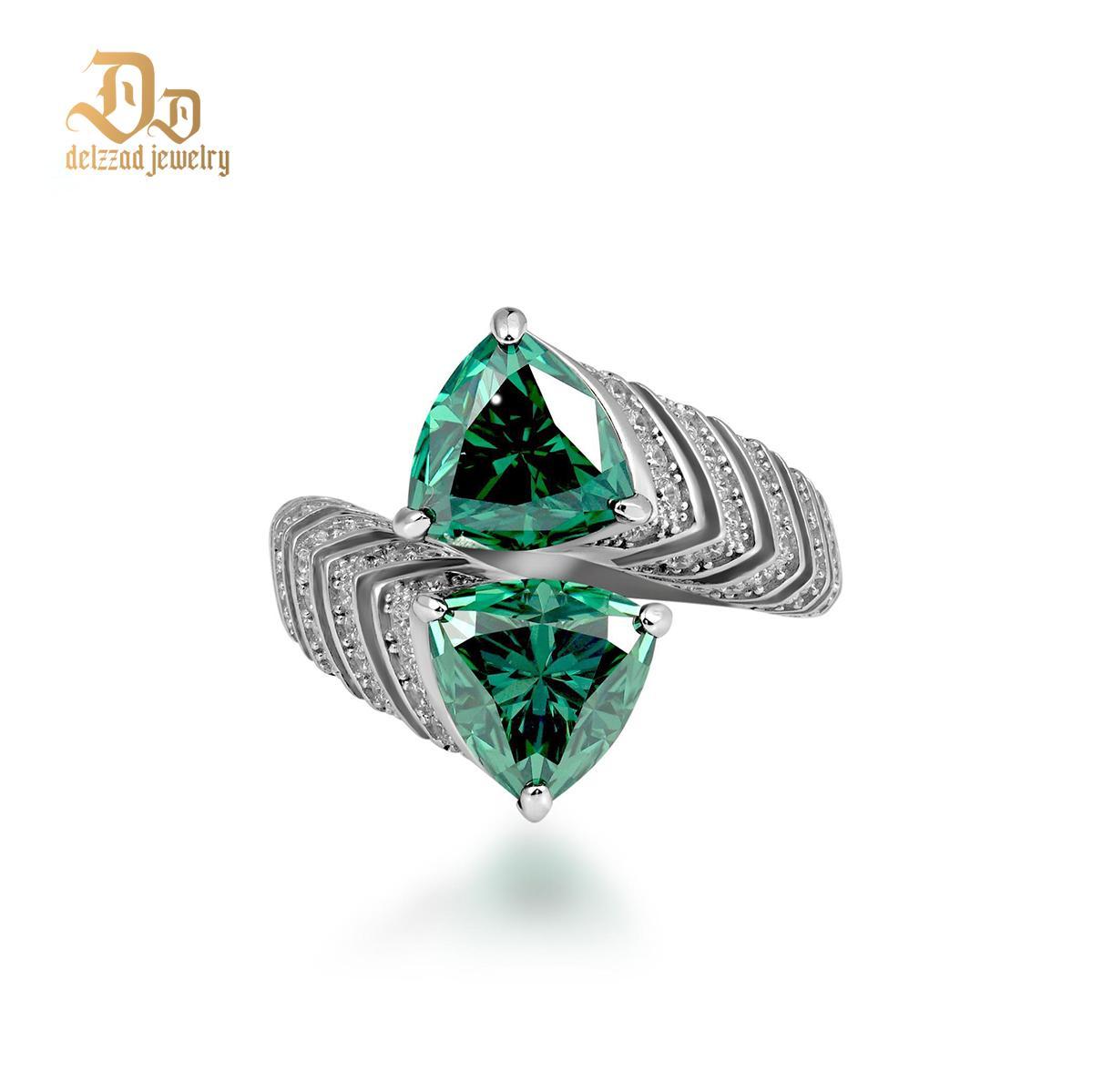 Delzzad 3ct Green Open Trillion Cut Ring Green VVS Synthetic Moissanit