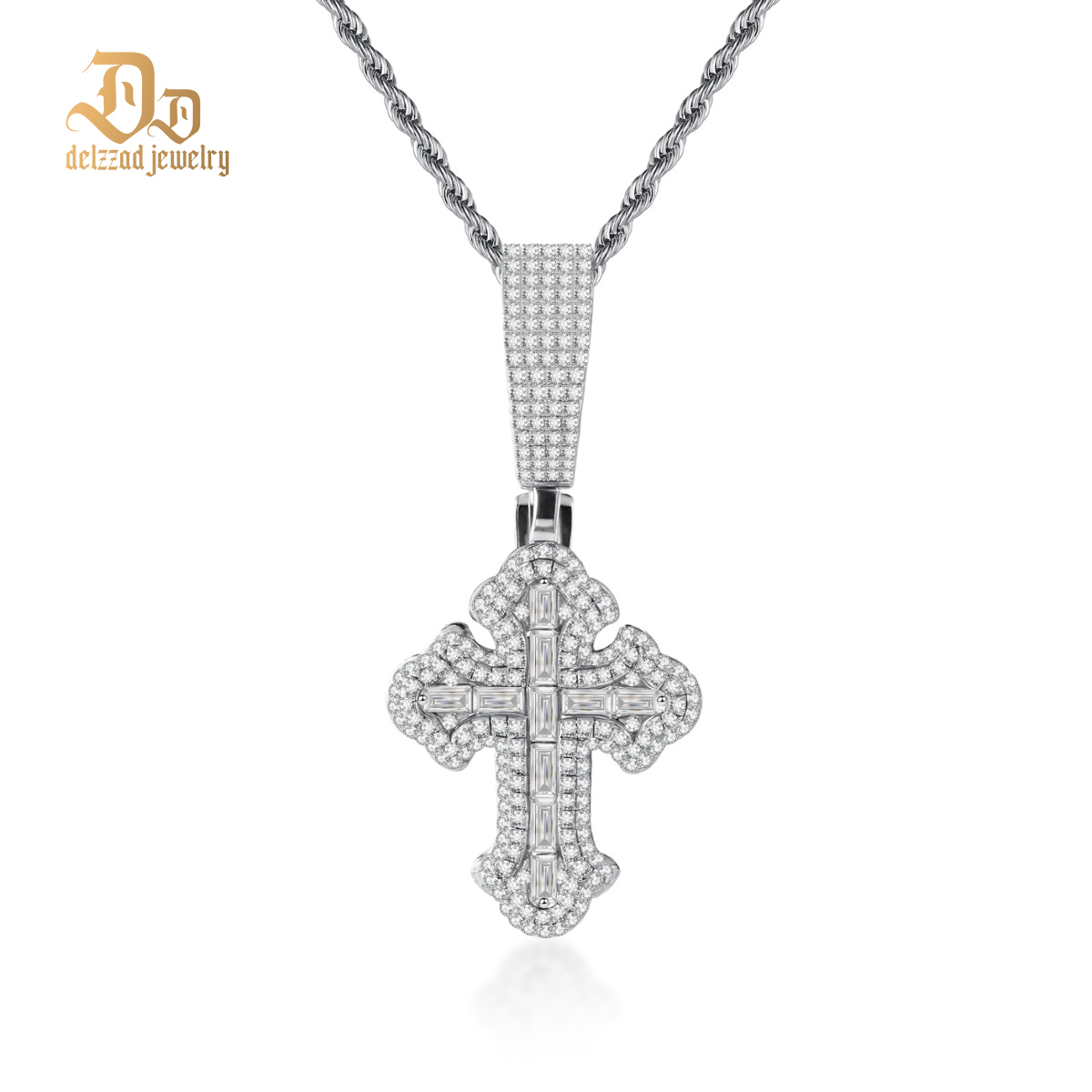 Iced Out Calvary Pendant Baguette Cross Pendant Necklace Chain D Color VVS Synthetic Moissanite Necklace Copper Chain