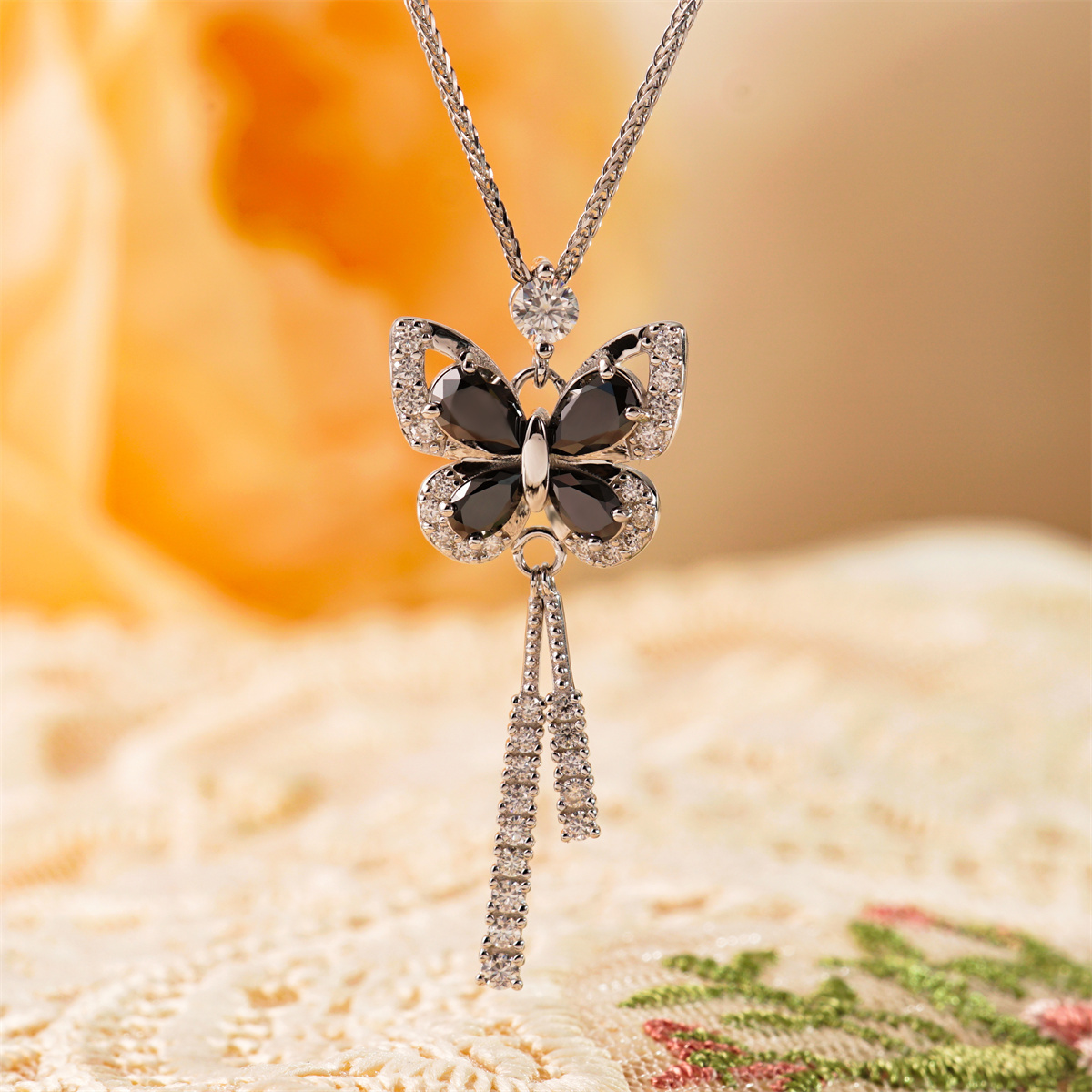1.6ct Black Butterfly Synthetic Moissanite Necklace Chain In 925 Sterling Silver