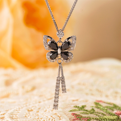 1.6ct Black Butterfly Synthetic Moissanite Necklace Chain In 925 Sterling Silver