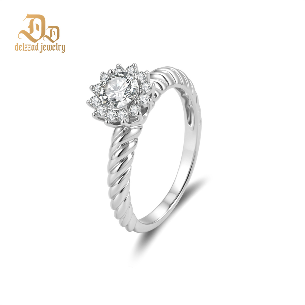Delzzad 0.6ct Eternal Sunburst Ring Flower Halo Engagement Ring Twisted Band Classic Rope Halo Ring VVS Synthetic Moissanite Ring Jewelry Copper Band