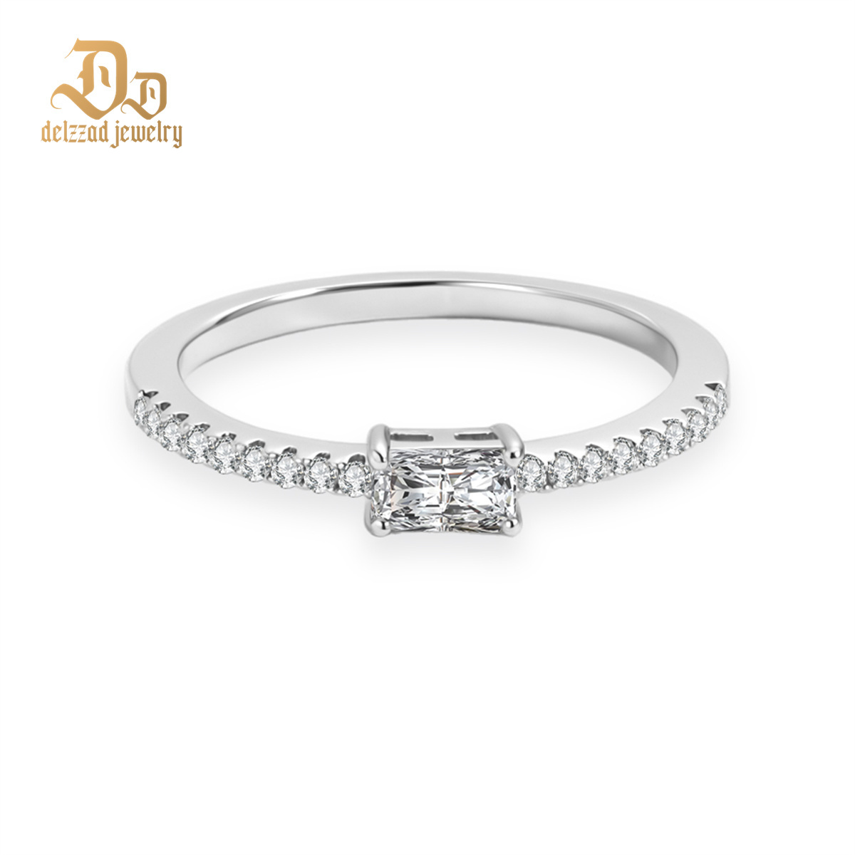 Delzzad 0.5ct Starlight Horizon Ring Radiant Cut East West Ring Band Engagement Ring Solitaire with Accents VVS Synthetic Moissanite Ring Jewelry Copper Band