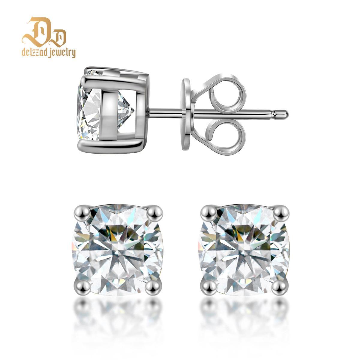 Delzzad S925 Cushion Cut Synthetic Moissanite Prong Solitaire Stud Earrings Lover St Valentine's Day Gifts for Men Women