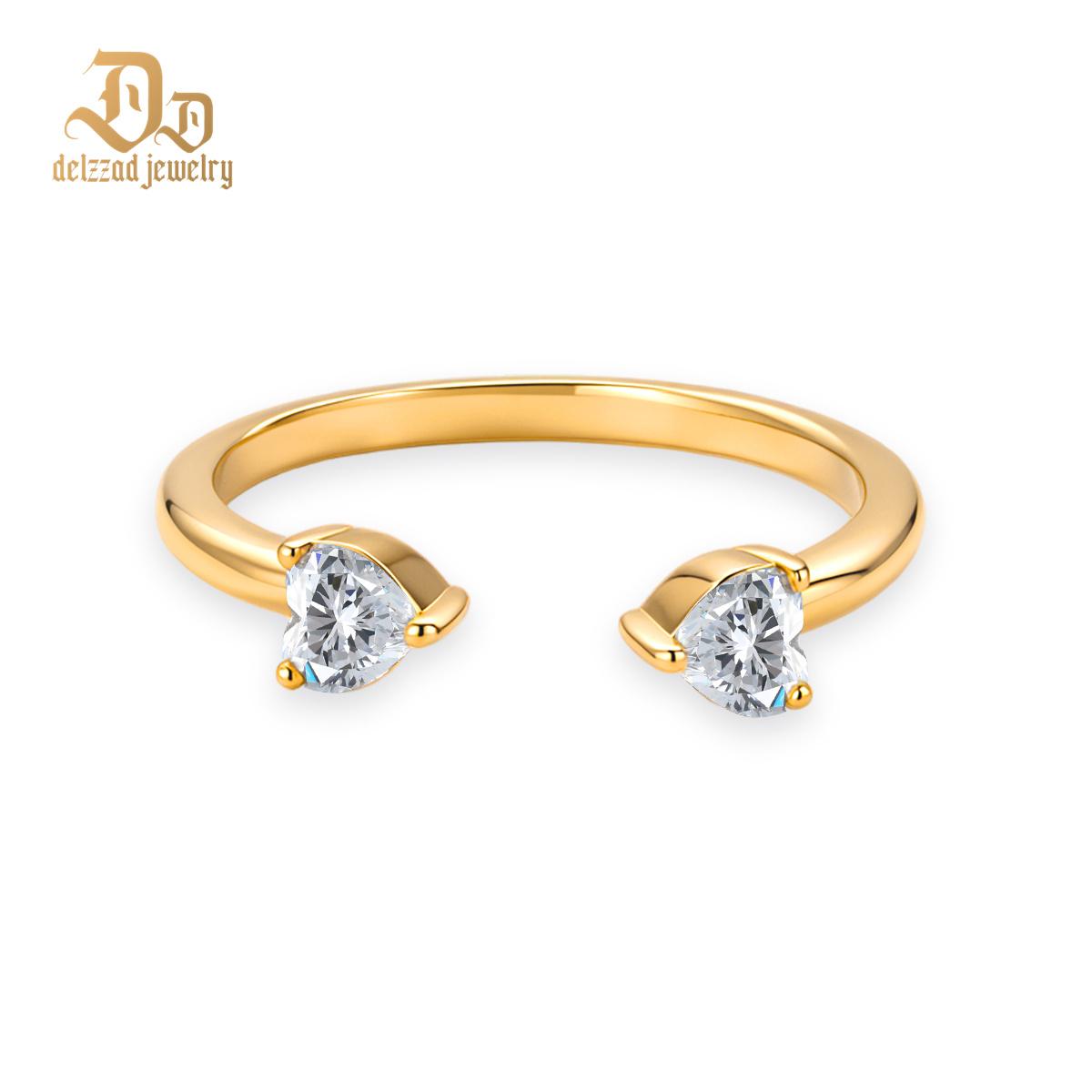 Delzzad 0.6ct Double Heart Drift Ring Open Nesting Ring with Two Hearts Synthetic Moissanite Ring Copper Band