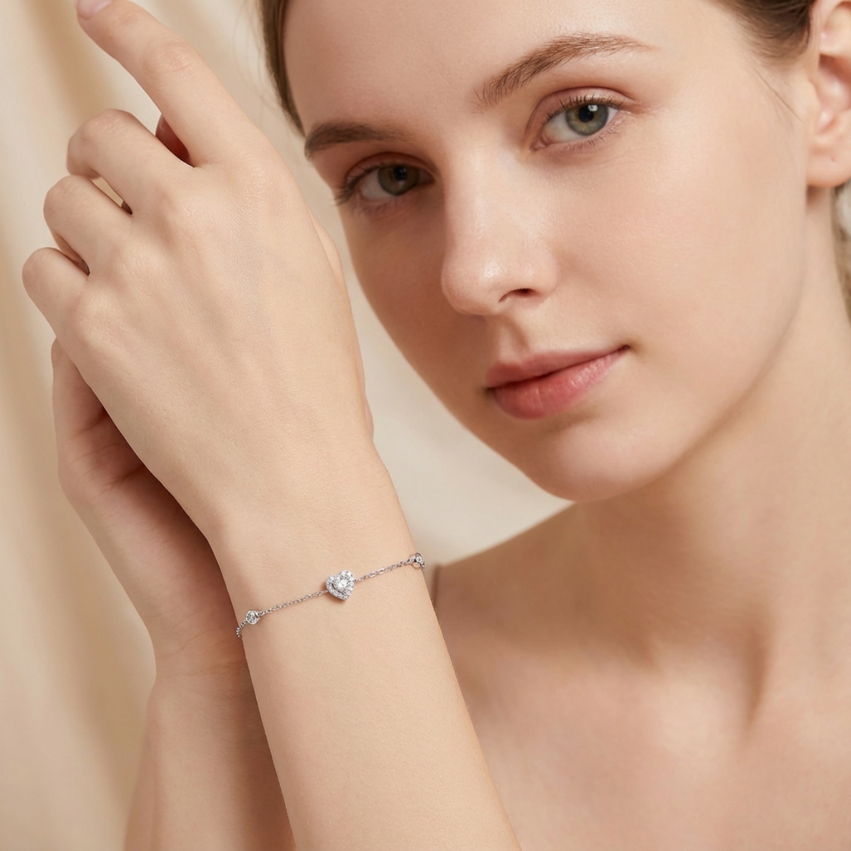 Delzzad Eternal Heart Set Bling Love Heart Bracelet Heart Pendant Necklace Jewelry Set Synthetic Moissanite Necklace Bracelet Jewelry Copper Chain