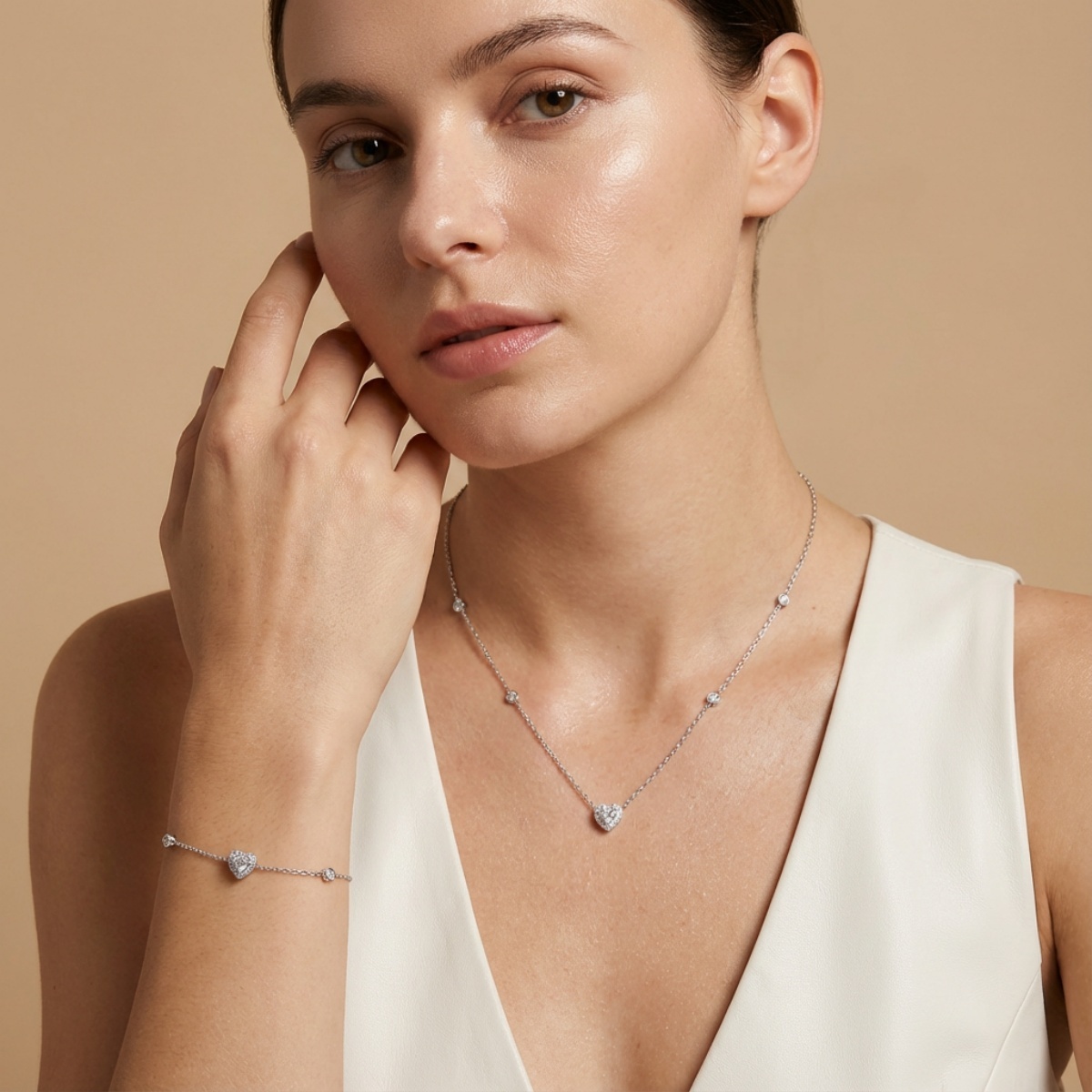 Delzzad Eternal Heart Set Bling Love Heart Bracelet Heart Pendant Necklace Jewelry Set Synthetic Moissanite Necklace Bracelet Jewelry Copper Chain