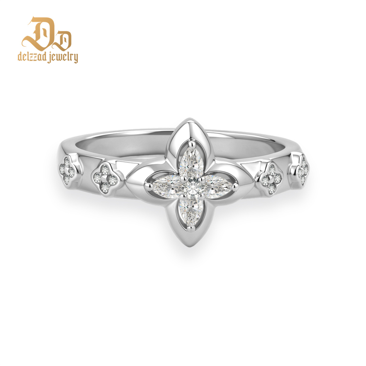 Delzzad 0.2ct Guiding Light Flora Ring Four Leaf Ring Band Clover Ring Petals of Grace VVS Synthetic Moissanite Ring Jewelry Copper Band