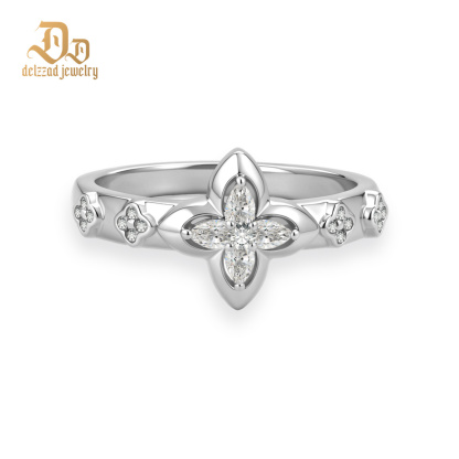 Delzzad 0.2ct Guiding Light Flora Ring Four Leaf Ring Band Clover Ring Petals of Grace VVS Synthetic Moissanite Ring Jewelry Copper Band