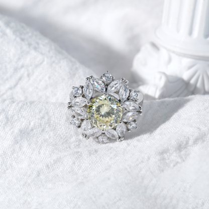 Delzzad 3ct Hundreds Faces Round Synthetic Moissanite Flower Ring In 925 Sterling Silver