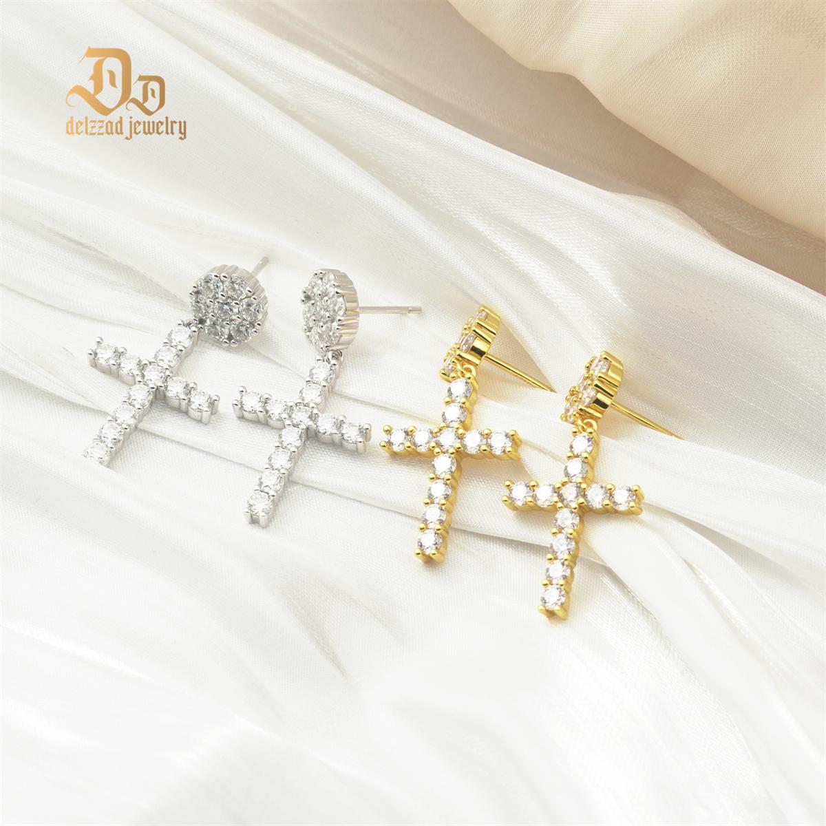 S925 Round VVS Synthetic Moissanite Hip Hop Studded Cross Dangle Earrings Valentine's Day Gift For Men Women